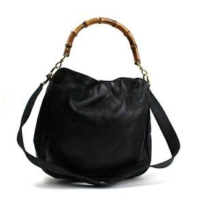 GUCCI Bamboo Handbag Shoulder Bag Leather Black Women's